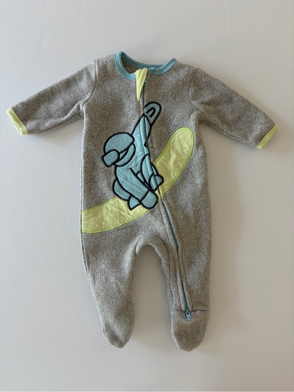 Monica and Andy Newborn Gray Fleece Footie With Snowboarder Applique